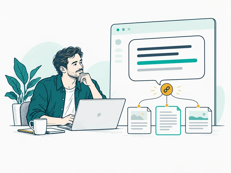 Strategist reviewing an AI answer connected to three cited source documents.