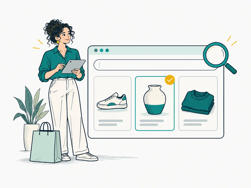 Shop owner reviewing searchable product listings in an online catalogue.