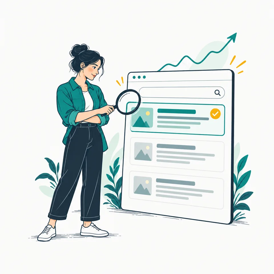 SEO strategist examining search results with a magnifying glass.